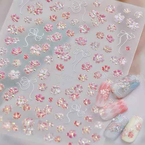 5D Embossed Pink Flower Nail Stickers Self-Adhesive Spring Summer Nail Art Stickers White Bow with Cherry Blossoms Gold Glitter Design Nail Art Supplies Floral Nail Decals for Women Acrylic Nails