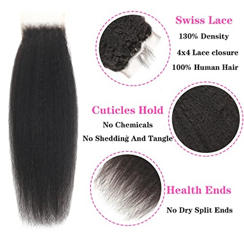 Kinky Straight Human Hair Bundles With 4x4 Lace Closure Free Part 14 14 14+12 Inch Natural Black 100% Unprocessed Brazilian Virgin Yaki Straight Hair Extensions (14 14 14+12Closure)
