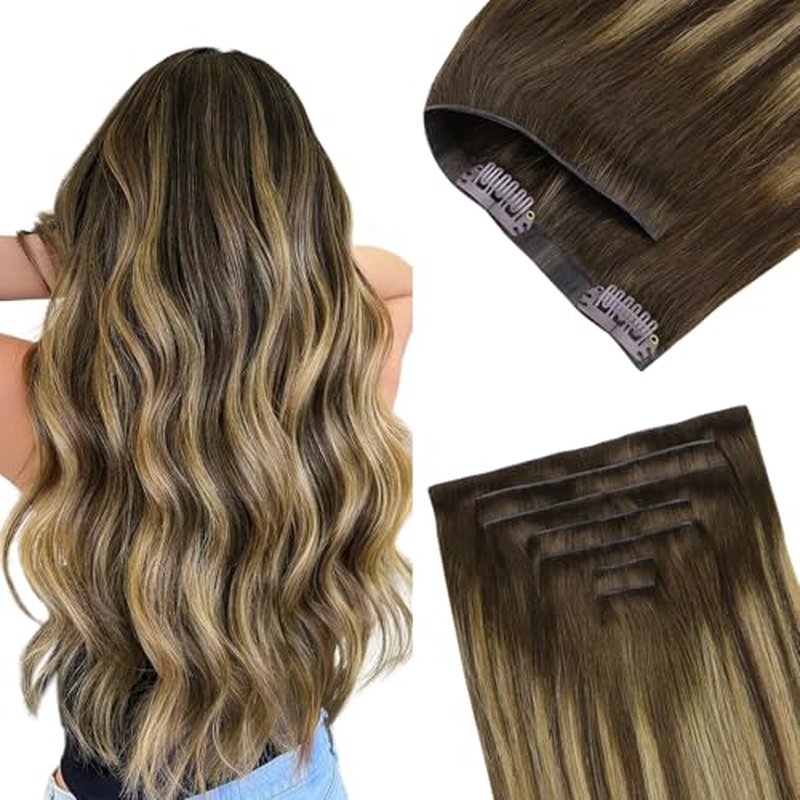 GOO GOO Invisi Edge Clip in Hair Extensions 16inch 130g 7Pcs Injected Seamless PU Clip in Hair Extensions, Virgin Real Human Hair, 4/27/4 Balayage Chocolate Brown to Caramel Blonde