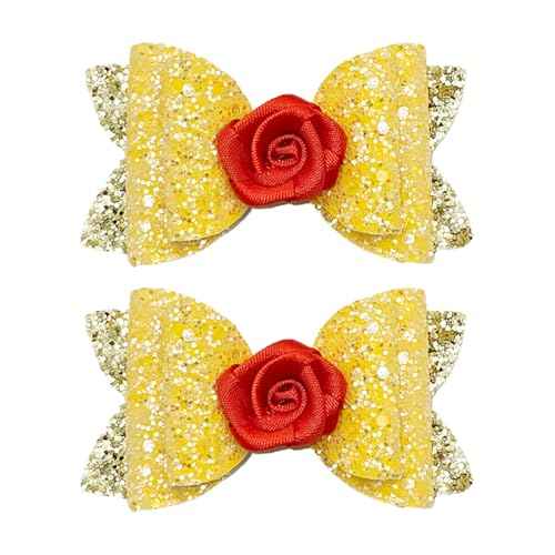 2Pcs Princess Hair Bow Clips Rose for Halloween Costume Dress up Birthday Party Supplies Yellow Decorations
