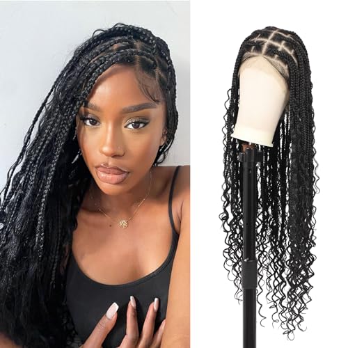 Kalyss 360¡Æ HD Full Lace Knotless Boho Braided Wigs for Women Box Braid Wig with Baby Hair Premium Synthetic Long Black Lace Front Braided Wigs (36 Inch)