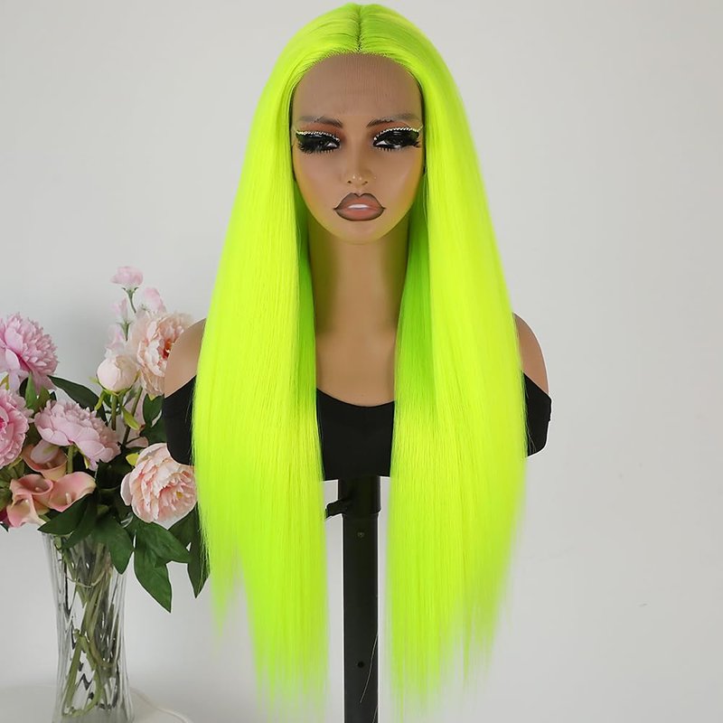 Maycaur Green Lace Front Wigs Long Straight Hair 24 Inch Lime Green Color Wigs for Fashion Women Glueless Synthetic Lace Front Wigs with Natural Hairline