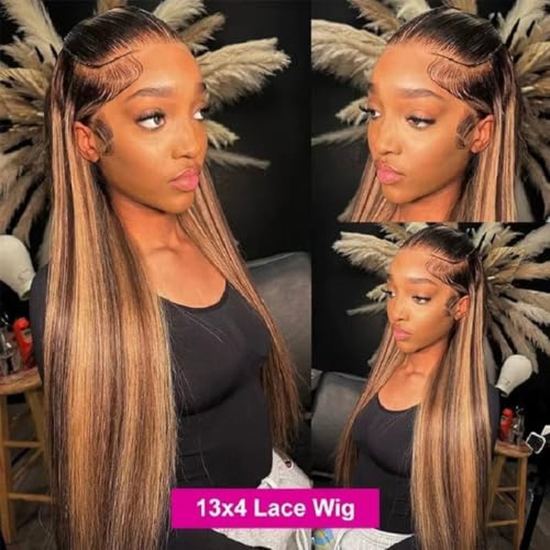 SIFULAN 13x4 Honey Blonde Lace Front Wig Human Hair 180 Density 24 Inch Highlight Ombre Straight HD Transparent Lace Pre Plucked Human Hair Wigs for Women P4/27 Color
