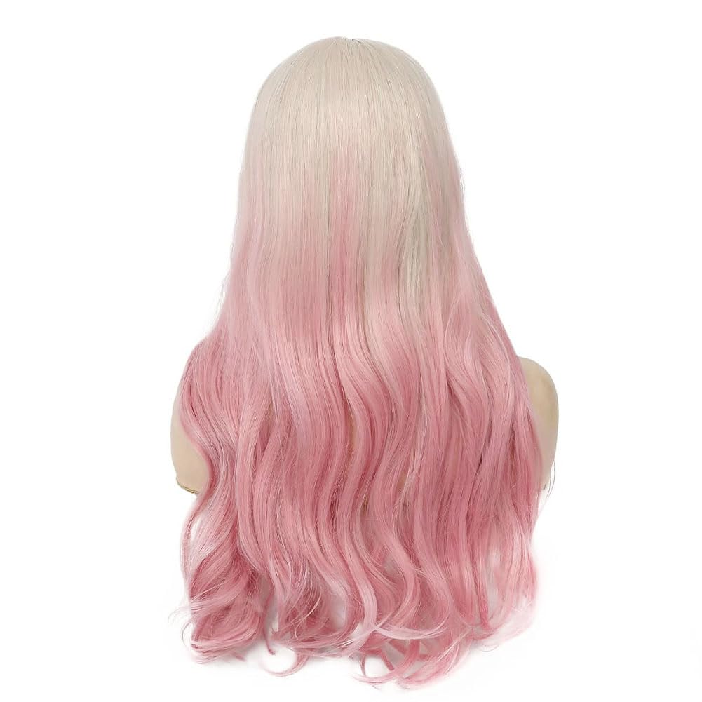 Dai Cloud Blonde to Pink Long Wavy Ombre Wig for Women Curly Heat Resistant Synthetic Halloween Cosplay Hair Wigs