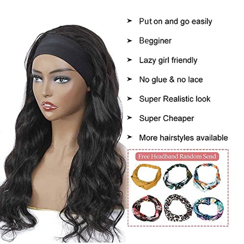higher Body Wave Headband Human Hair Wig 24 Inch Glueless None Lace Front Wig Brazilian Virgin Hair Wear and Go Wigs for Black Women 150% Density Wigs Natural Color