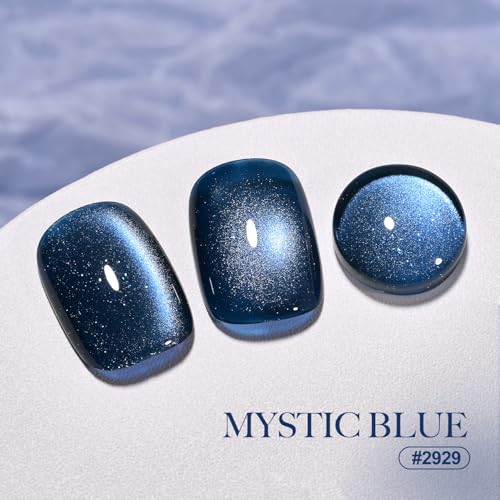 GAOY 16ml Deep Blue Cat Eye Gel Nail Polish, Glitter Holographic Nail Polish with Magnet, Reflective Translucent UV Gel, 2929 Mystic Blue