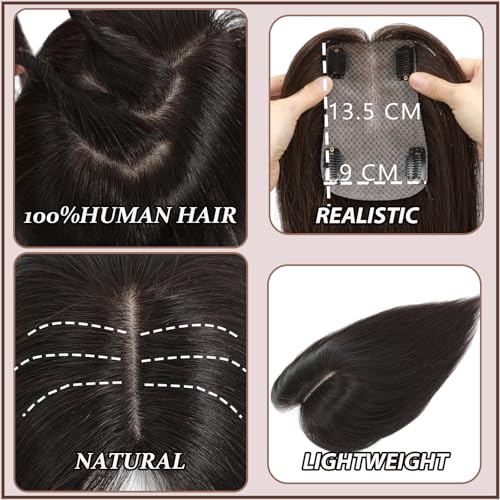 Hair Toppers for Women Real Human Hair, 360¡Æ 3D Human Hair Toppers for Women with Thinning Hair Upgrade Middle Part Clip in Bangs (Medium Dark Brown, 14 Inch-3D-Side)