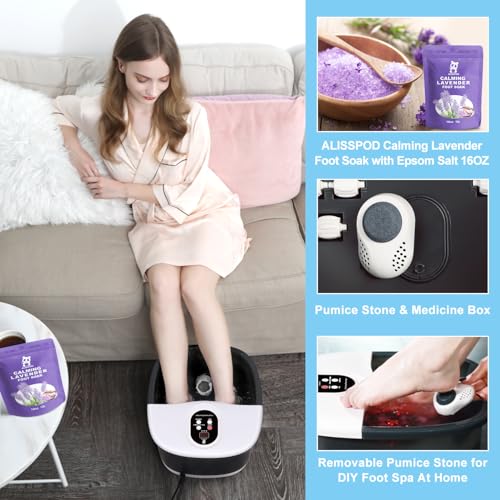 Foot Spa Bath Massager with Heat Bubbles and Vibration Massage and Jets, 16 OZ Calming Lavender Foot Soak Epsom Salt, Foot Soaker with Red Light, 22 Massage Rollers, Adjustable Temp - Black