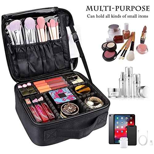 JOURMON Travel Makeup Bag, Large Capacity Cosmetic Train Case for Women Portable Pouch Open Flat Artist Brushes Toiletry Jewelry Digital Organizer Storage Bag with Adjustable Dividers (Black,S)