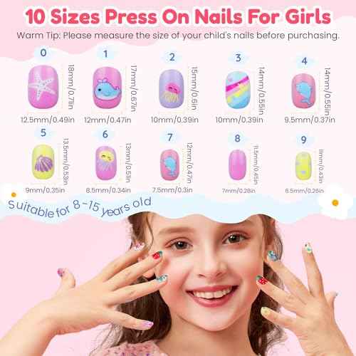 Teenitor 360 Pcs Kids Press On Nails, 15 Styles 12 Sizes Press On Nails for Kids Girls 8-15 Years, Fake Acrylic Kids Nails with Nail Adhesive Tabs, Nail File Nail Buffer