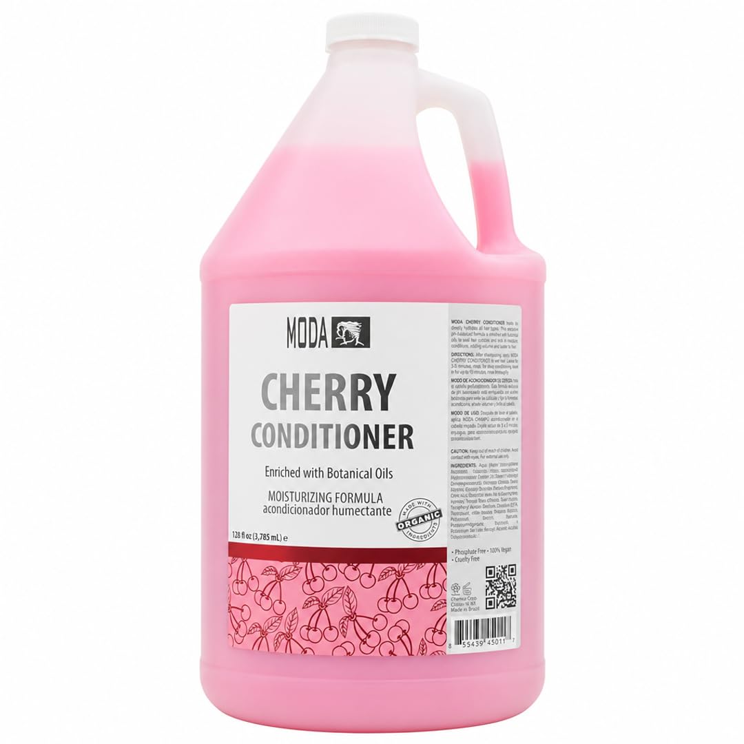 MODA Cherry Bulk Salon Conditioner Premium Back-Bar & Amenity Treatment Salon-Grade Luxury at Commercial Scale A 'set it and forget it' 1-Gallon single-SKU solution Repairs the cuticle 128 Oz