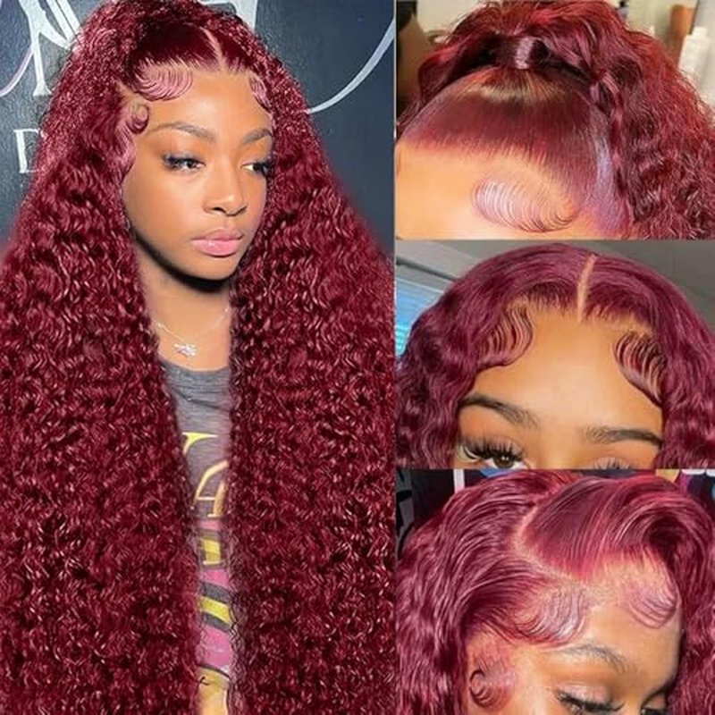 99J Burgundy Deep Wave 13x6 Lace Front Wigs Human Hair 200% Density Lace Frontal Wigs Human Hair Pre Plucked 99j Burgundy Deep Curly Wave HD Lace Front Wigs for Women (20Inch)
