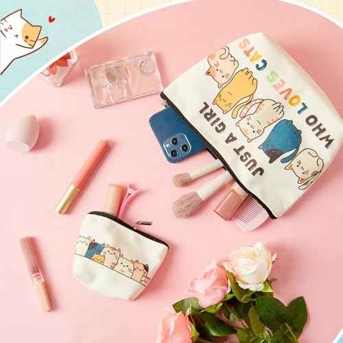 2 Pack Cat Makeup Bags with Zip Just a Girl Who Love Cats Cosmetic Bags Cat Lover Gifts for Daughters, Sisters, Friends, Teen Girl, Women, Ideal Gifts for Travel, Birthdays, Christmas