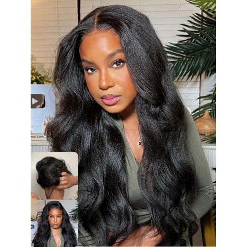 Nadula Yaki Wavy V Part Drawstring Wig Human hair with Blow Out Bangs, Glueless EasiContour Vpart Wigs No Leave Out Beginner Friendly Clip In V Shape Wigs Upgrade Wavy U Part Wig 150% Density 16inch