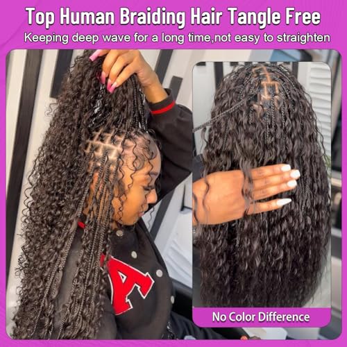 Natural Black 100% Virgin Hair Extensions Human Braiding Hair for Boho Braids 16Inch 110g Deep Water Wave Boho Bulk Human Hair for Knotless Braiding No Weft 2 Bundles/Pack