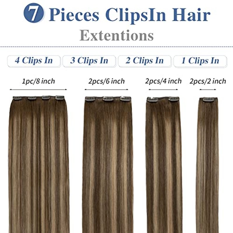 Clip in Hair Extensions Real Human Hair S-noilite #4T4P27 Chocolate Brown to Caramel Blonde Double Weft hair extensions 18 Inch Clip in Real Human Hair for Women Balayage Straight 7PCS 125g