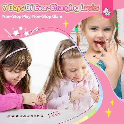 SAVILAND 7 Days Press on Nails for Kids: 168Pcs Children False Artificial Fake Nail Tips Sweet Edgy Pre-glue Full Cover Short Acrylic Nails with Nail Adhesive Tabs Gifts for Girls 8-12 Year (GlamKids)