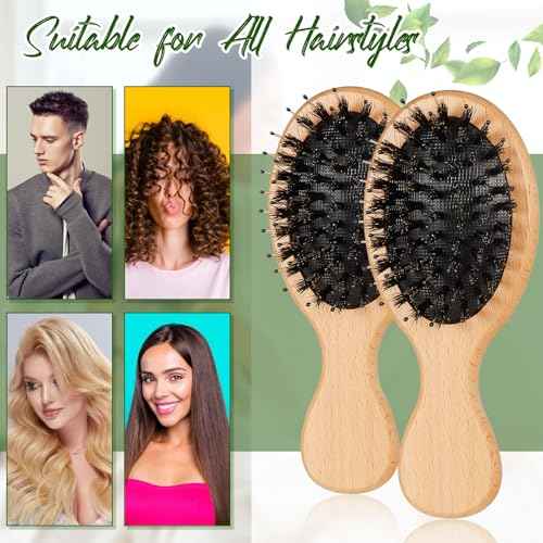 tessco for you 12 Pcs Mini Hair Brush Bulk Mini Boar Bristle Hair Brush Wooden Paddle Travel Hairbrush DIY Gifts for Wedding Christmas Women Men Long Short Wet Dry Scalp Massage Anti Static