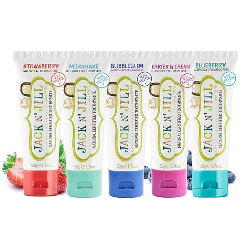 Jack N' Jill Natural Toothpaste for Kids - Fluoride Free Toothpaste, Safe to Swallow, 40% Xylitol, BPA Free - 1.76 oz (Variety Pack of 5)