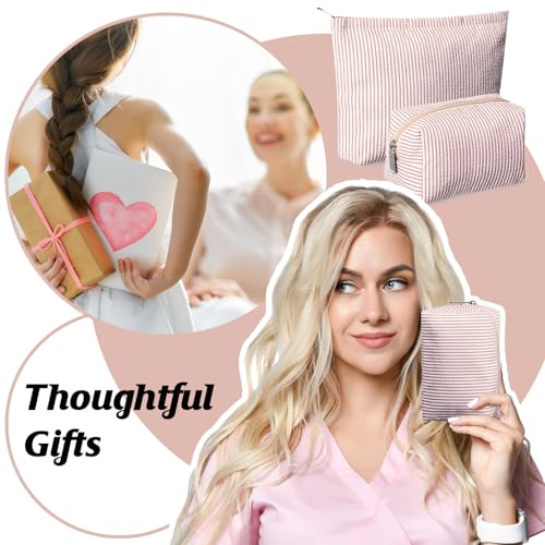 2 Pieces Makeup Bag Set Cute Cosmetic Pouch for Women Seersucker Travel Toiletry Bag Preppy Small Makeup Purse Pouch Aesthetic Skincare Brushes Storage Organizer for Women(Khaki)