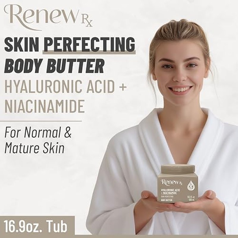 Hyaluronic Acid + Niacinamide Body Butter for Dry Skin ? Deep Hydrating Skin Care, Skin Perfecting Vegan Skincare, 16 oz