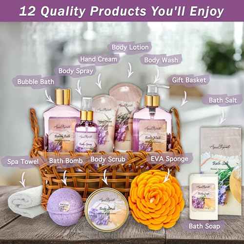 Spa Baskets For Women - Luxury Bath Set With Honey & Lavender - Spa Kit Includes Wash, Bubble Bath, Lotion, Bath Salts, Body Scrub, Body Spray, Shower Puff, Bathbombs, Soap and Towel