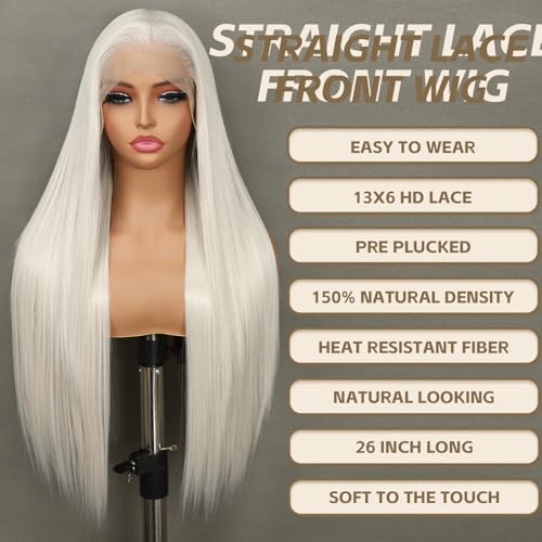 13X6 Platinum Blonde Synthetic Lace Front Wig Glueless Wig for Women Long Straight Pre-Plucked Hairline Ready to Wear Wigs 26 Inch Cosplay Party Use