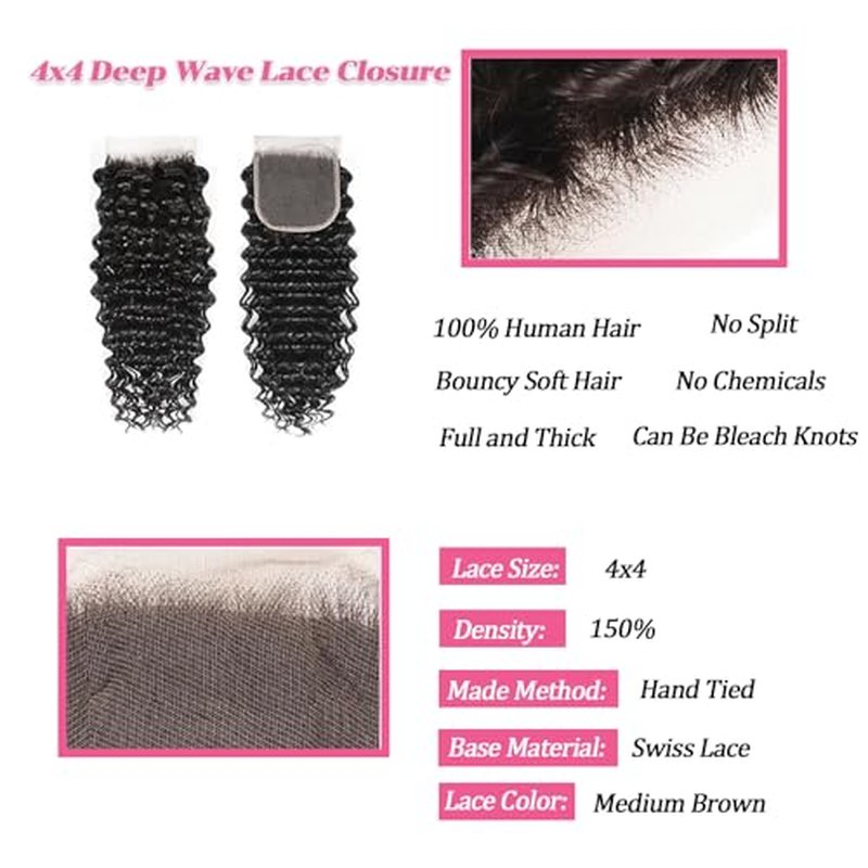Deep Wave Human Hair Bundles with Closure Unprocessed Brazilian Deep Curly Human Hair Bundles with 4x4 Lace Closure Free Part 16 18 20 with16 Inch Natural Color