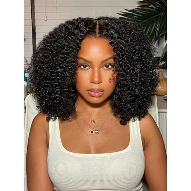 Kinky Curly Wear and Go Glueless Wigs Human Hair Pre Plucked Pre Cut 7x5 Lace Front Wig Pre Bleached Knots 180% Density Closure Wigs Human Hair for Women Natural Color 16 Inch