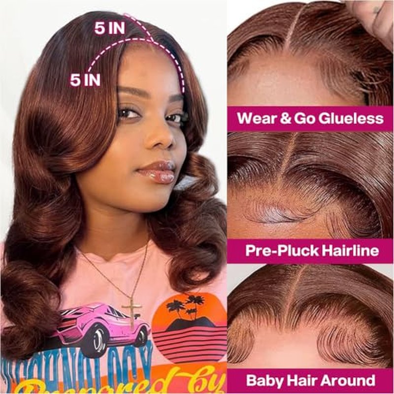 Chocolate Brown 5x5 Body Wave Hd Lace Closure Wigs Human Hair Wear And Go Glueless Bob Wig Human Hair Bob Wig For Black Women Glueless Wigs Human Hair Closure Bob 200% Density 16 Inch