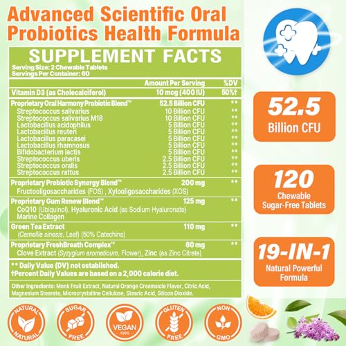 Oral Probiotics for Mouth Bad Breath Treatment for Adults, 50 Billion CFU, 19-in-1 Advanced Dental Probiotic for Teeth & Gum Restore, Fresh Breath, Dry Mouth, Gut & Overall Health - 120 Tablets