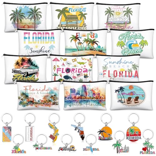 Reginary 24 Pcs State Souvenir Gifts 12 Metal Keychain 12 Cosmetic Bag USA Souvenir Themed Gifts for Traveler Christmas Party(Florida)