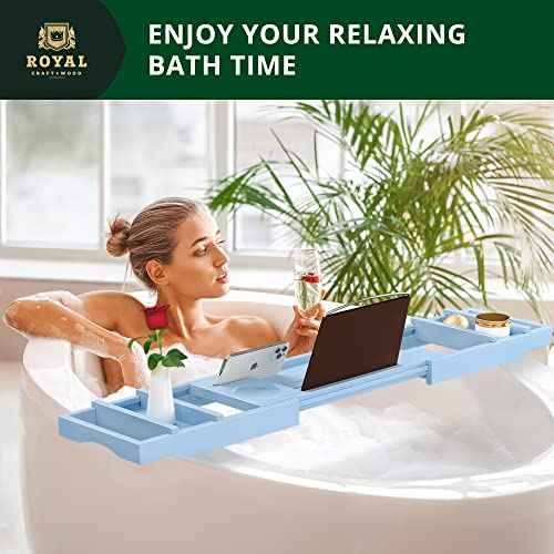 ROYAL CRAFT WOOD Luxury Bathtub Caddy Tray, One or Two Person Bath and Bed Tray, Bonus Free Soap Holder (Blue)