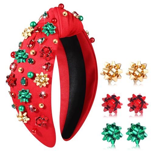 Christmas Headbands for Women Xmas Bow Tree Snowflake Headbands Jeweled Crystal Pearl Knotted Headband Holiday Hair Accessories Party Gifts (Xmas Bow 2)