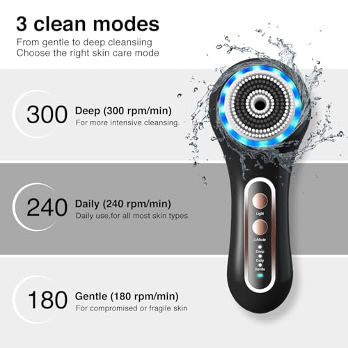 Face Scrubber Exfoliator,Facial Cleansing Brush Rechargeable IPX7 Waterproof with 5 Brush Heads,Electric Face Spin Brush for Exfoliating, Massaging and Deep Cleansing (Black+Gold)