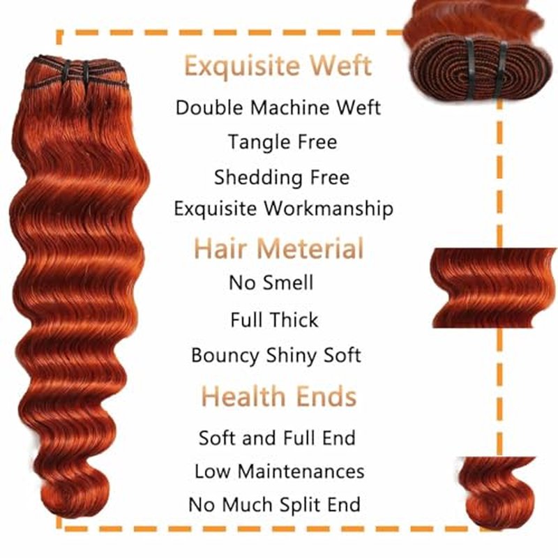 Ginger Bundles with Closure Human Hair Loose Deep Wave(12 14 16+12) 10A #350 Colored Free Part 4x4 Lace Closure and 3Bundles for Black Women