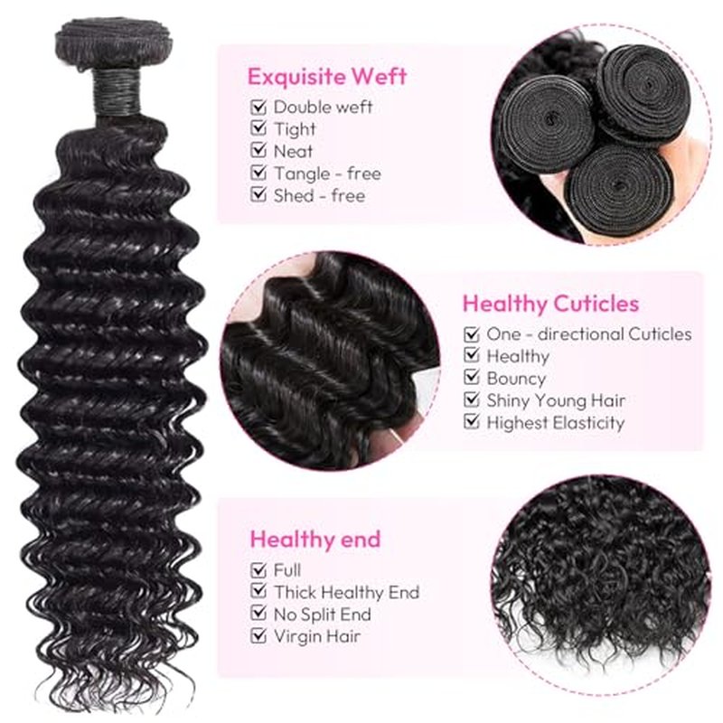 Bundles Human Hair Deep Wave 18 20 22Inch 12A Deep Curly Bundles Human Hair Extensions 100% Unprocessed 3 Bundle Brazilian Virgin Human Hair Extensions Wet and Wavy Double Weft Bundles Natural