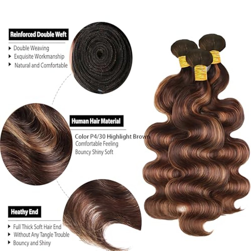 Brown Human Hair Bundles P430 Two Tone Chocolate Brown Body Wave Bundles 26 28 30 Inch Unprocessed Brazilian Virgin Remy Double Weft Weave Hair Extensions Healthy and Soft Highlight Bundle