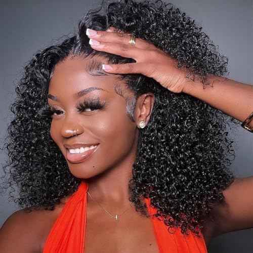 Pixie Cut Wigs Curly V Part Wig Human Hair No Leave Out Brazilian Human Hair Half Wig for Black Women Upgrade U Part Wigs Glueless 180% Density Natural Black 8 Inch