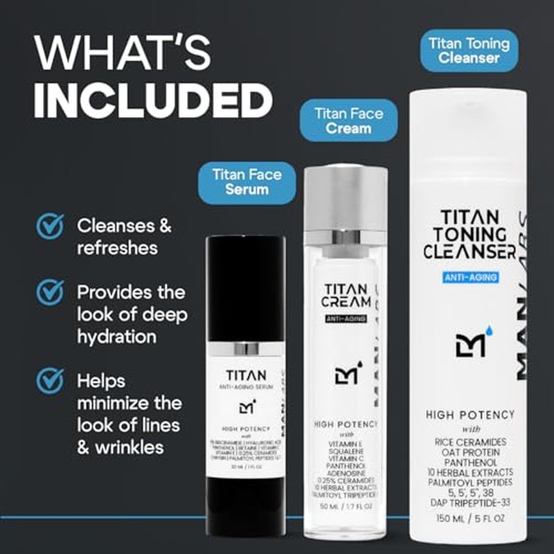 Titan Anti-Aging Mens Skin Care Kit ? Cleanser, Face Serum, Mens Face Moisturizer ? Men, Skin Care Set ? Dark Spots, Wrinkles, Fine Lines ? Vitamin C, Niacinamide, Ceramides, HA ? Unscented