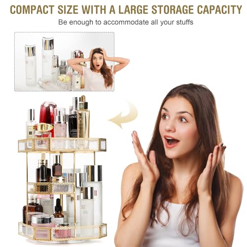 ZOOFOX 360 Degree Rotating Glass Makeup Organizer, Large Cosmetics Storage Display Holder with Gold Trim for Vanity, Clear Makeup Carousel for Perfume, Cosmetics, Brushes, Lotion, Lipsticks