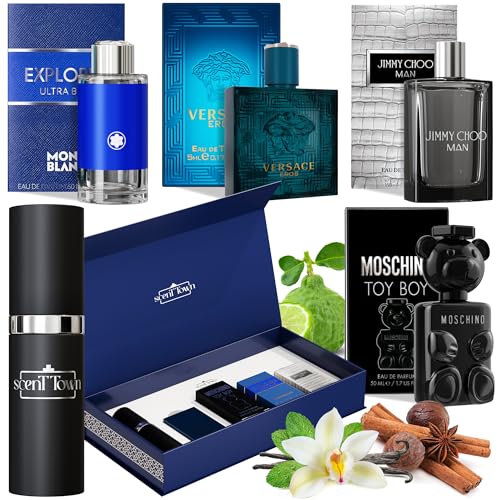 Mens Cologne Gift Sets Bundle Mini Bottle ? Designer Mens Cologne Sampler Sets with Refillable Atomizer ? Box Includes Versace, Moschino, Mont Blanc, Jimmy Choo Travel Size (0.17 Oz Each)