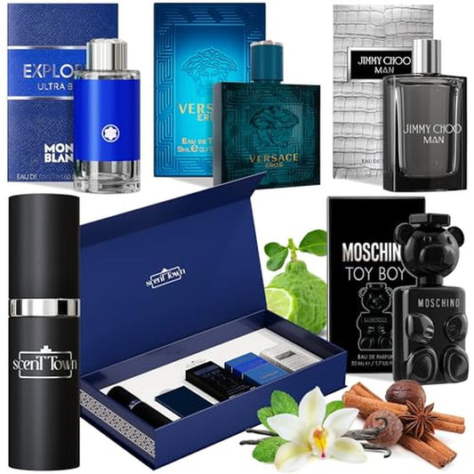 Mens Cologne Gift Sets Bundle Mini Bottle ? Designer Mens Cologne Sampler Sets with Refillable Atomizer ? Box Includes Versace, Moschino, Mont Blanc, Jimmy Choo Travel Size (0.17 Oz Each)