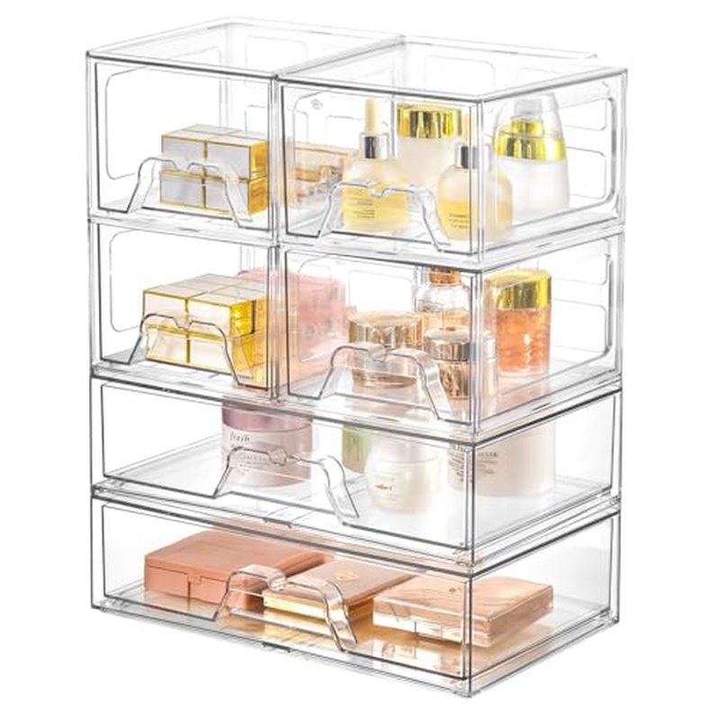 Stackable Makeup Organizer Storage Drawers Set of 6, Clear Plastic Organizer Bins for Beauty Supplies,Ideal for Vanity, Bathroom,Cabinet,Pantry Organization (2Long 4 Short)