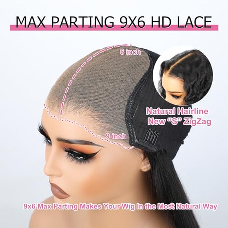 BLY Glueless Wigs Human Hair 9x6 M-Cap Wig Max Parting HD Lace Pre Cut Wig for Women Pre Plucked, Bleached Tiny Knots Deep Wave Curly Lace Front Wigs Wear Go 180% Density 18 Inch
