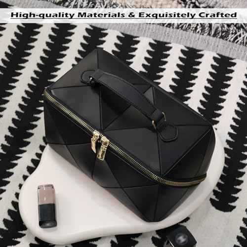 IMCUZUR Travel Makeup Bag Large Cosmetic Bag for Women, Open Flat Make up Bag Portable Skincare Bag with Handle (Black)