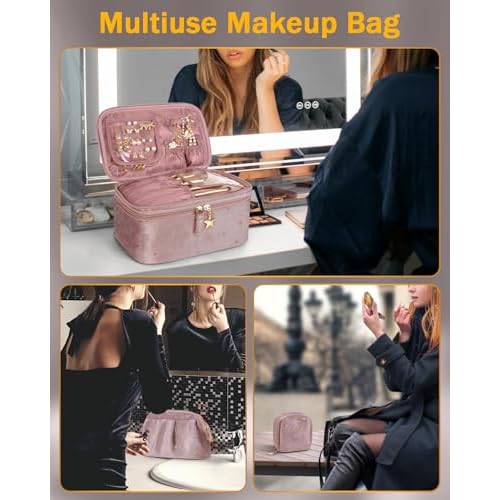Wedama Makeup Bag Gift for Women, Double-layer Cosmetic Bag with Jewelry Storage and Brush Holder 3 Pcs Velvet Makeup Organizer Bag Gift Set Travel Toiletry Bag for Women Girls, Pink