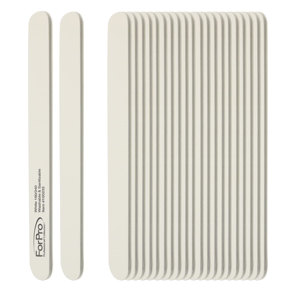 ForPro White Foam Board, 180/240 Grit, Mylar Manicure and Pedicure Nail File, 7” L x .75” W, 50-Count