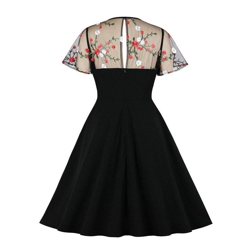 Women Keyhole Tie Neck Mesh Sleeve Vintage Cocktail Swing Dress Sweetheart Illusion Embroidery Flower 50s Pleated A-line Rockabilly Prom Dress Wedding Party 1950s Retro Casual Midi Dress Floral M