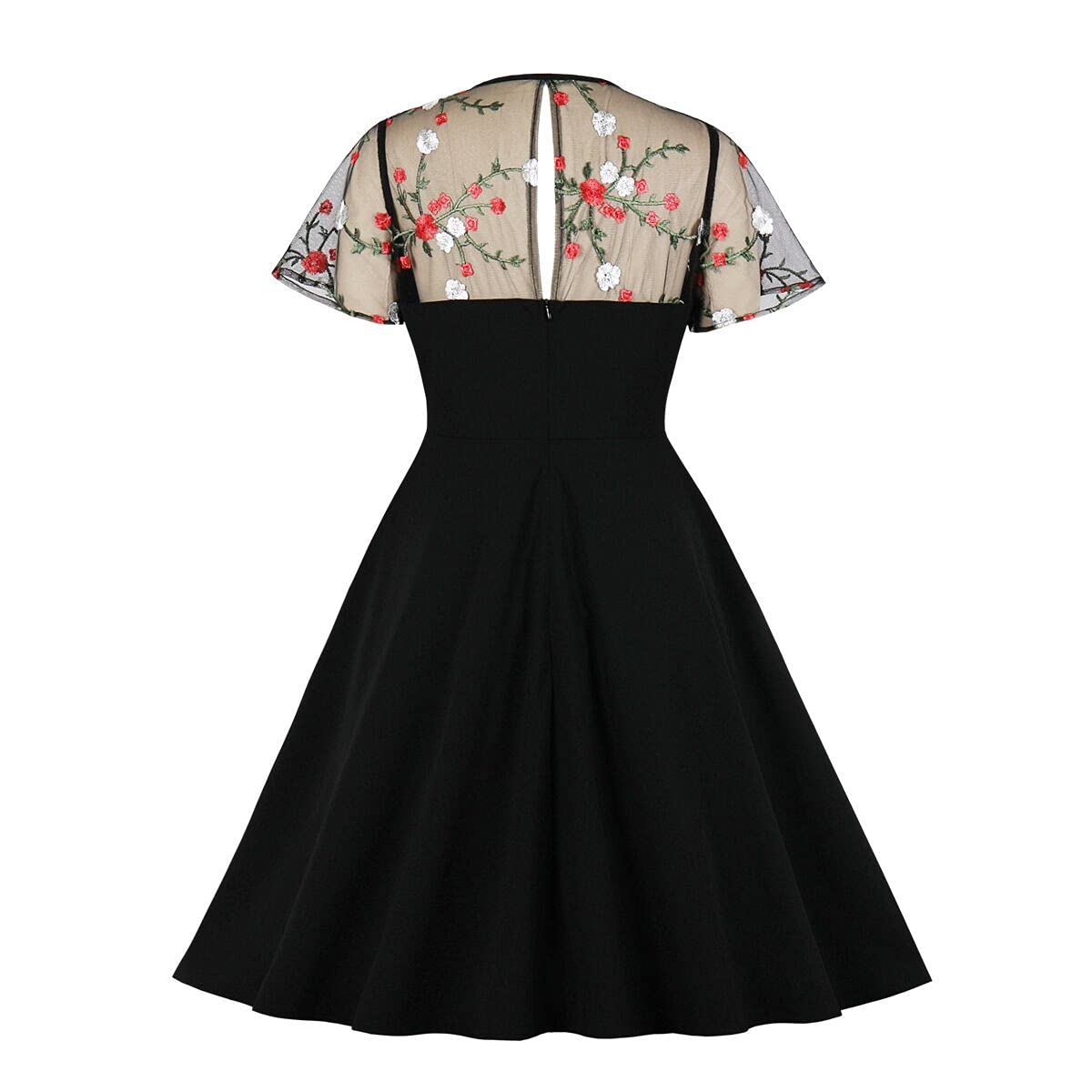 Women Keyhole Tie Neck Mesh Sleeve Vintage Cocktail Swing Dress Sweetheart Illusion Embroidery Flower 50s Pleated A-line Rockabilly Prom Dress Wedding Party 1950s Retro Casual Midi Dress Floral 4XL